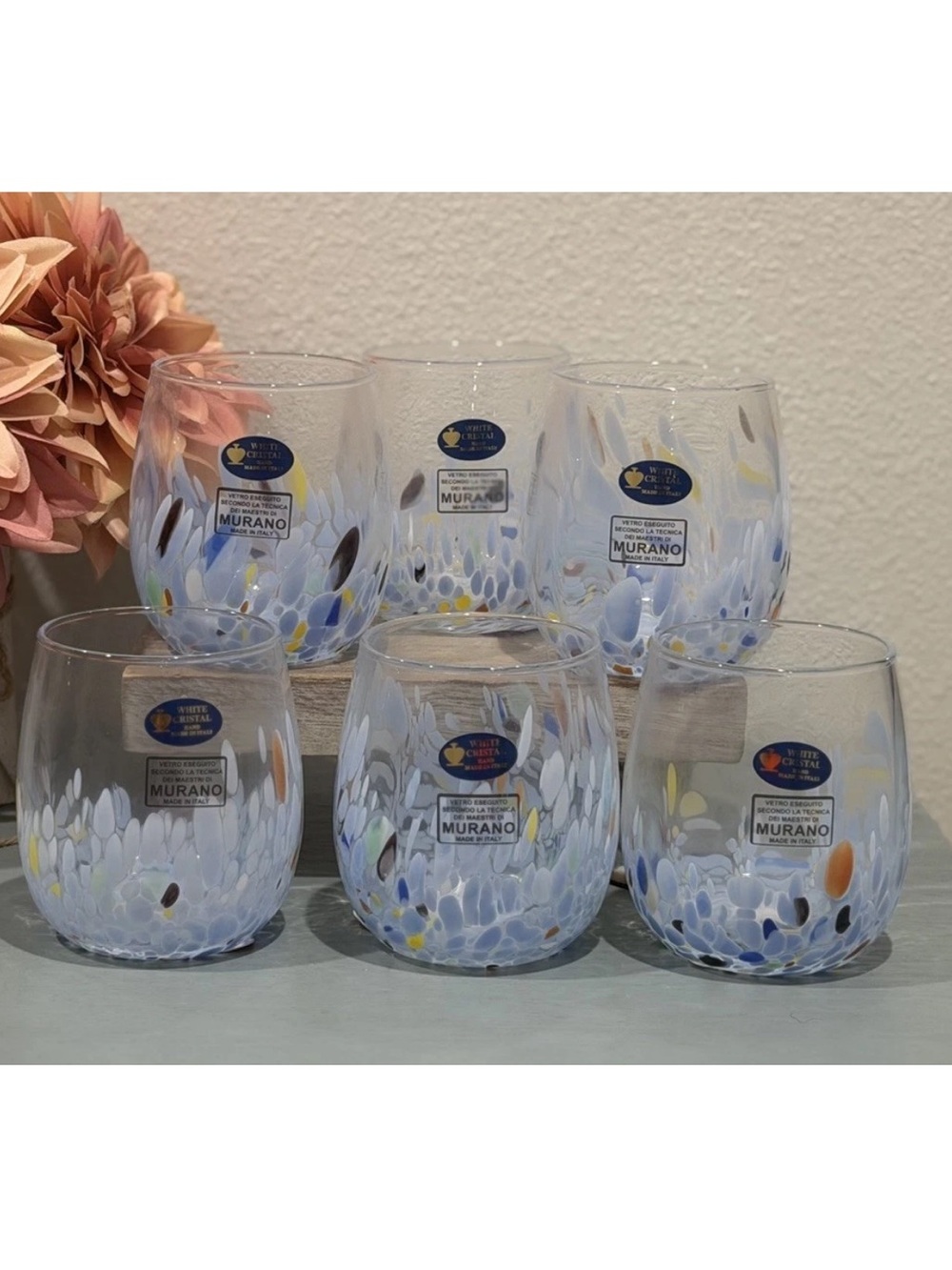 6 White Cristal Murano Opaline Blue Confetti Stemless Wine Glasses. New Italy